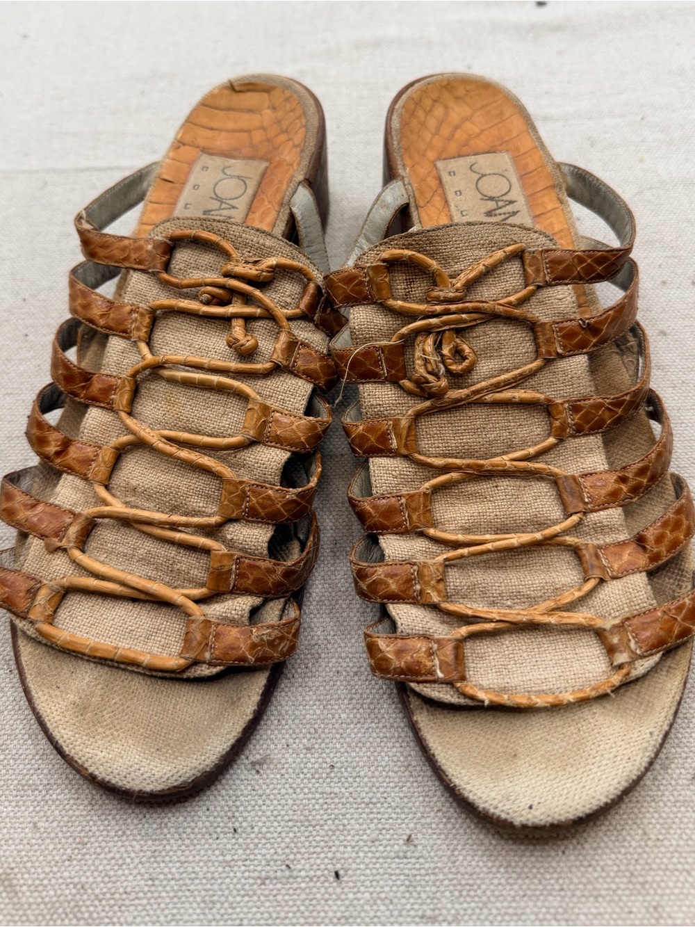Joan & David Cognac Braided Leather Strappy Slide Sandals